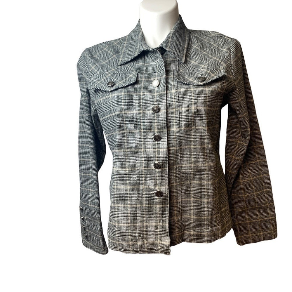 Denim & Co Womens L Glen Plaid Trucker Jacket Black Cream Cotton Stretch